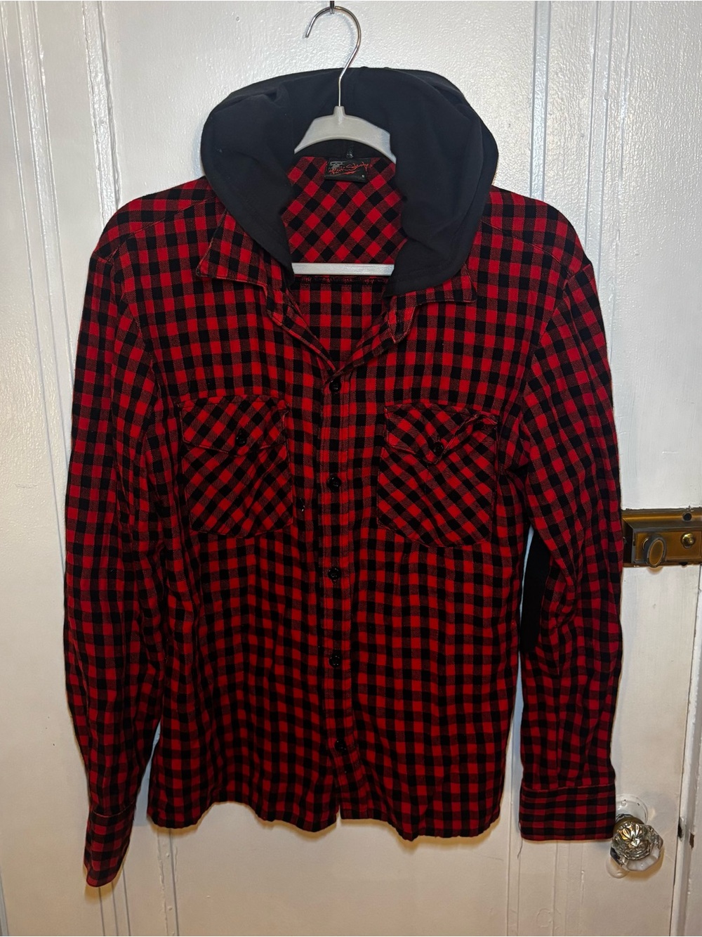Men's Hooded Buffalo Plaid Flannel Button-Up Shirt by Rock Steady Size - Small